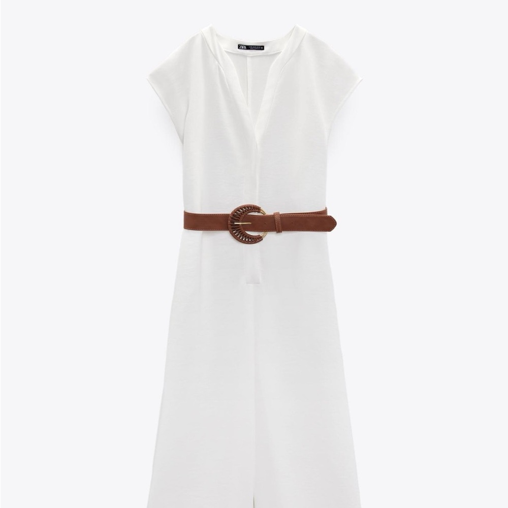 White Jumpsuit with Brown Belt